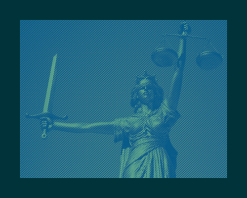 A photo of a Lady Justice statue with a blue filter and dark green border
